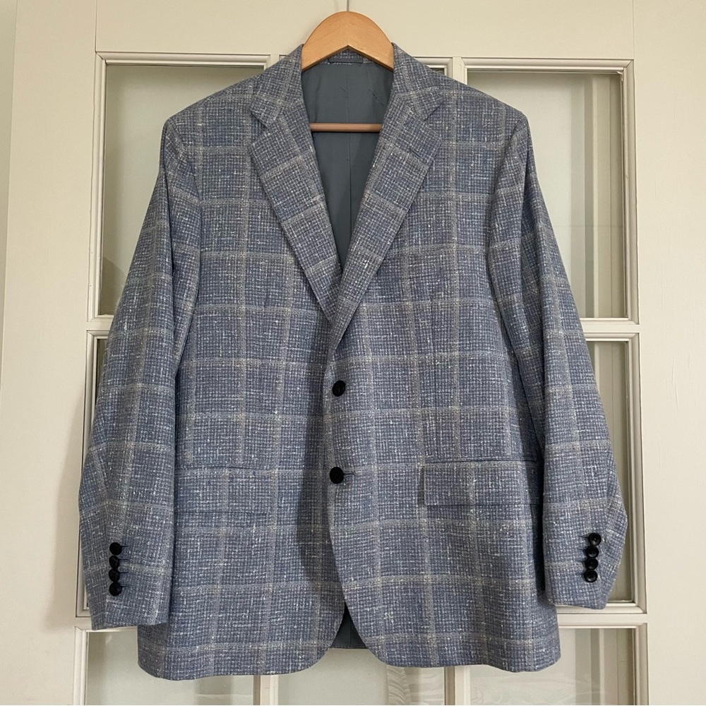 Kiton cashmere & silk light blue plaid sport coat blazer Bergdorf Goodman 52